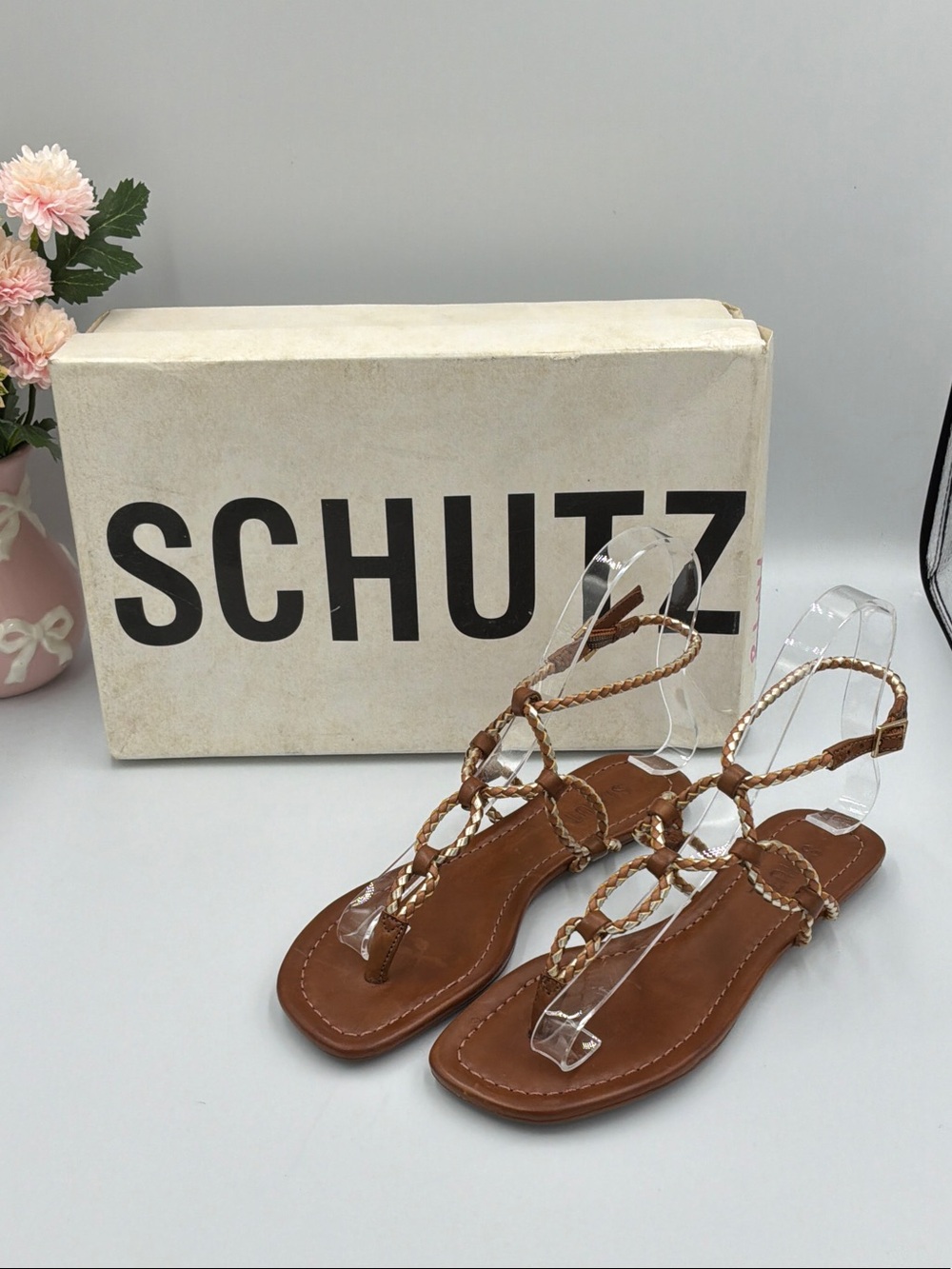 SCHUTZ Tan Braided Leather T-Strap Sandals